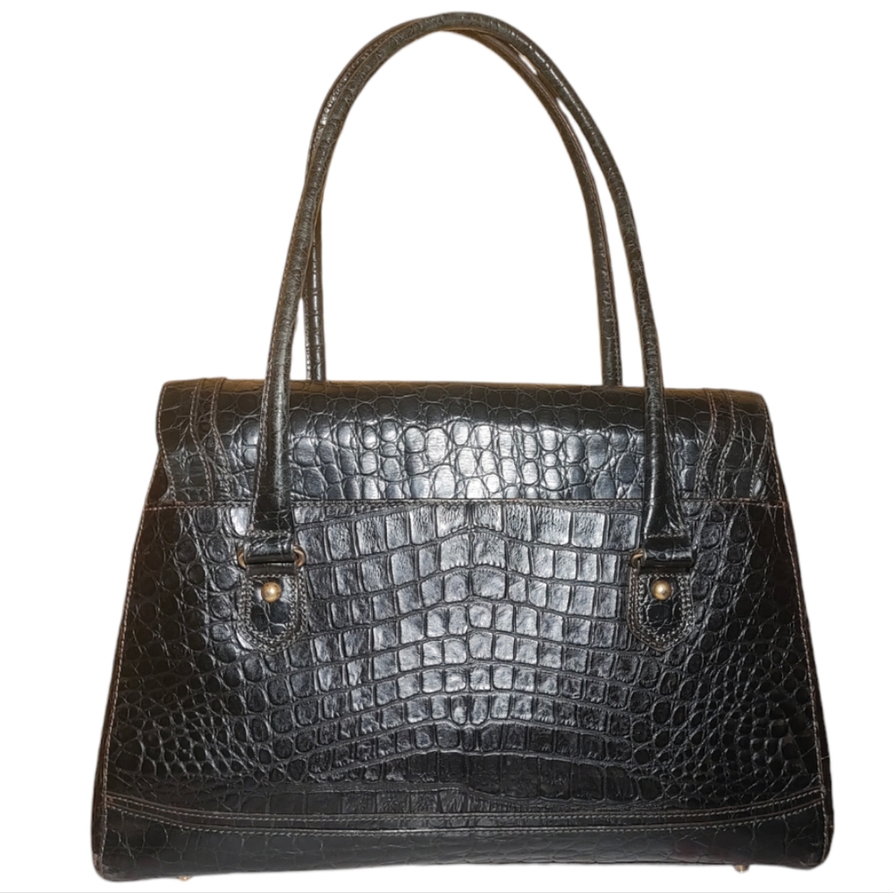 Brahmin Honor Collection Sleek Black Croc Embossed Shoulder Bag - Picture 2 of 16